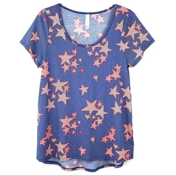 LuLaRoe Classic T Blue Red Striped Star Print Top - Picture 1 of 6